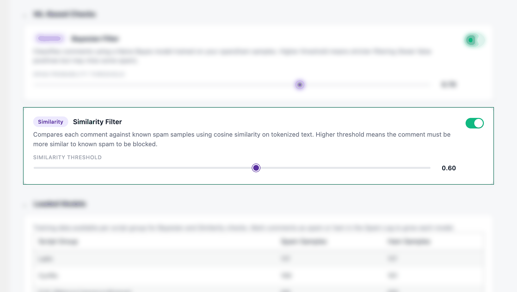 AntiSpam Wizard settings with the Cosine similarity check highlighted