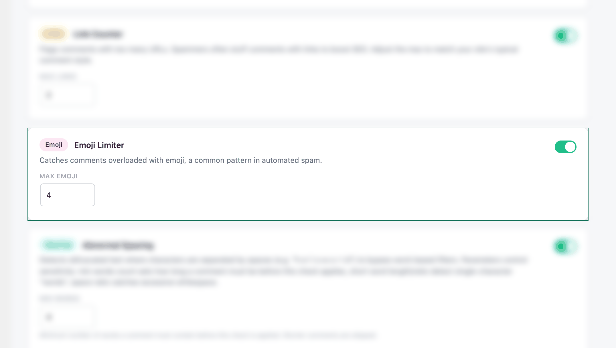 AntiSpam Wizard settings with the Emoji check highlighted