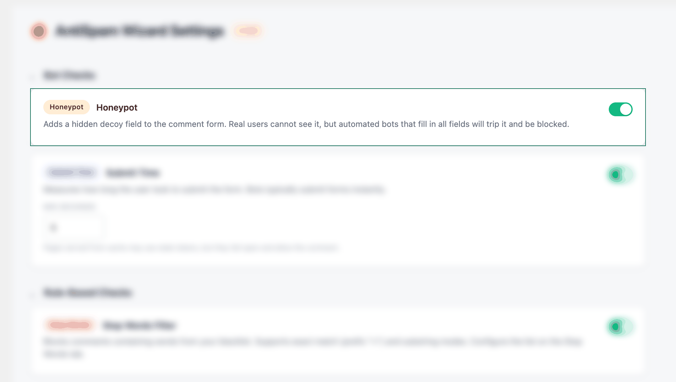 AntiSpam Wizard settings with the Honeypot check highlighted
