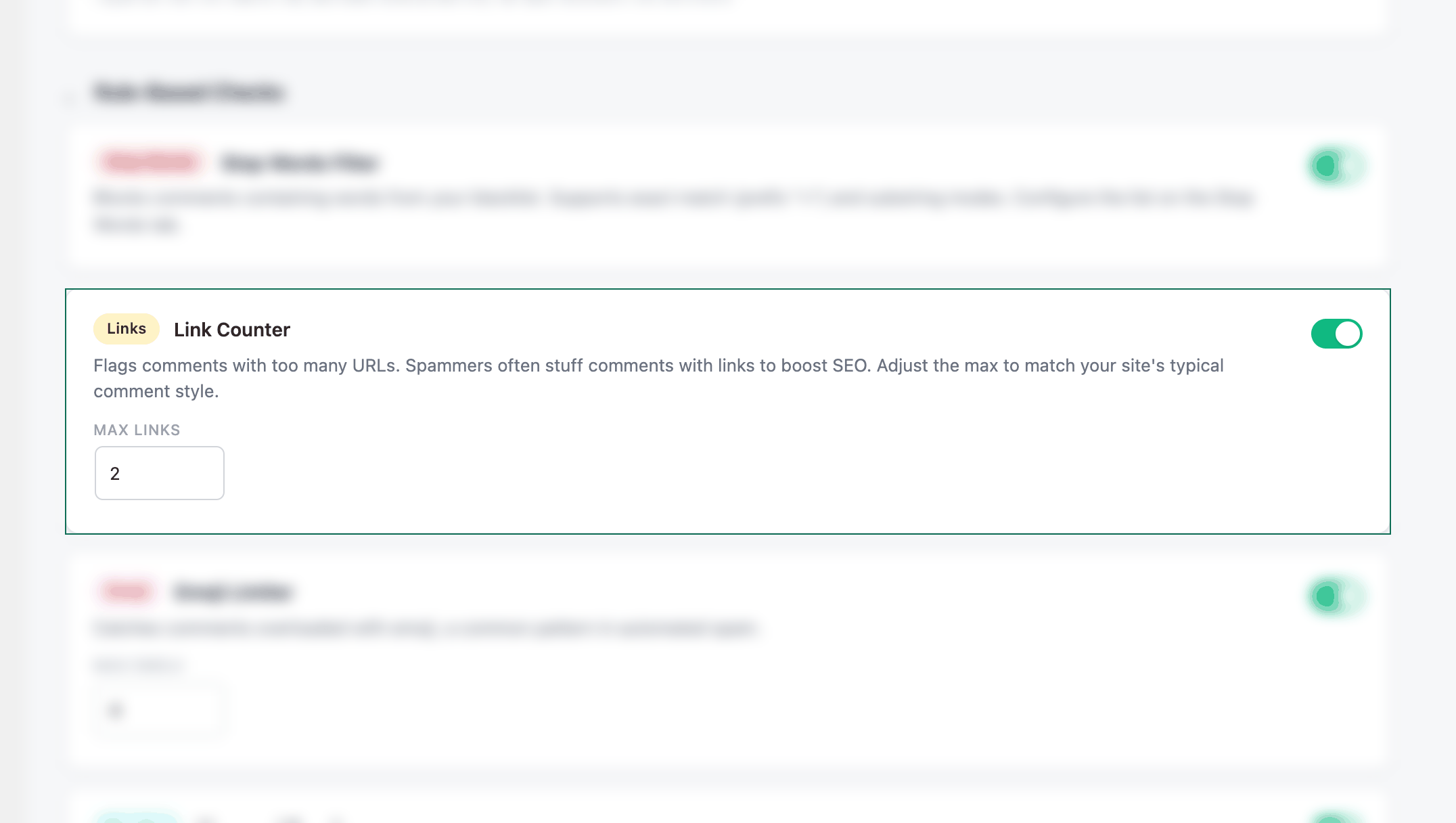 AntiSpam Wizard settings with the Links check highlighted