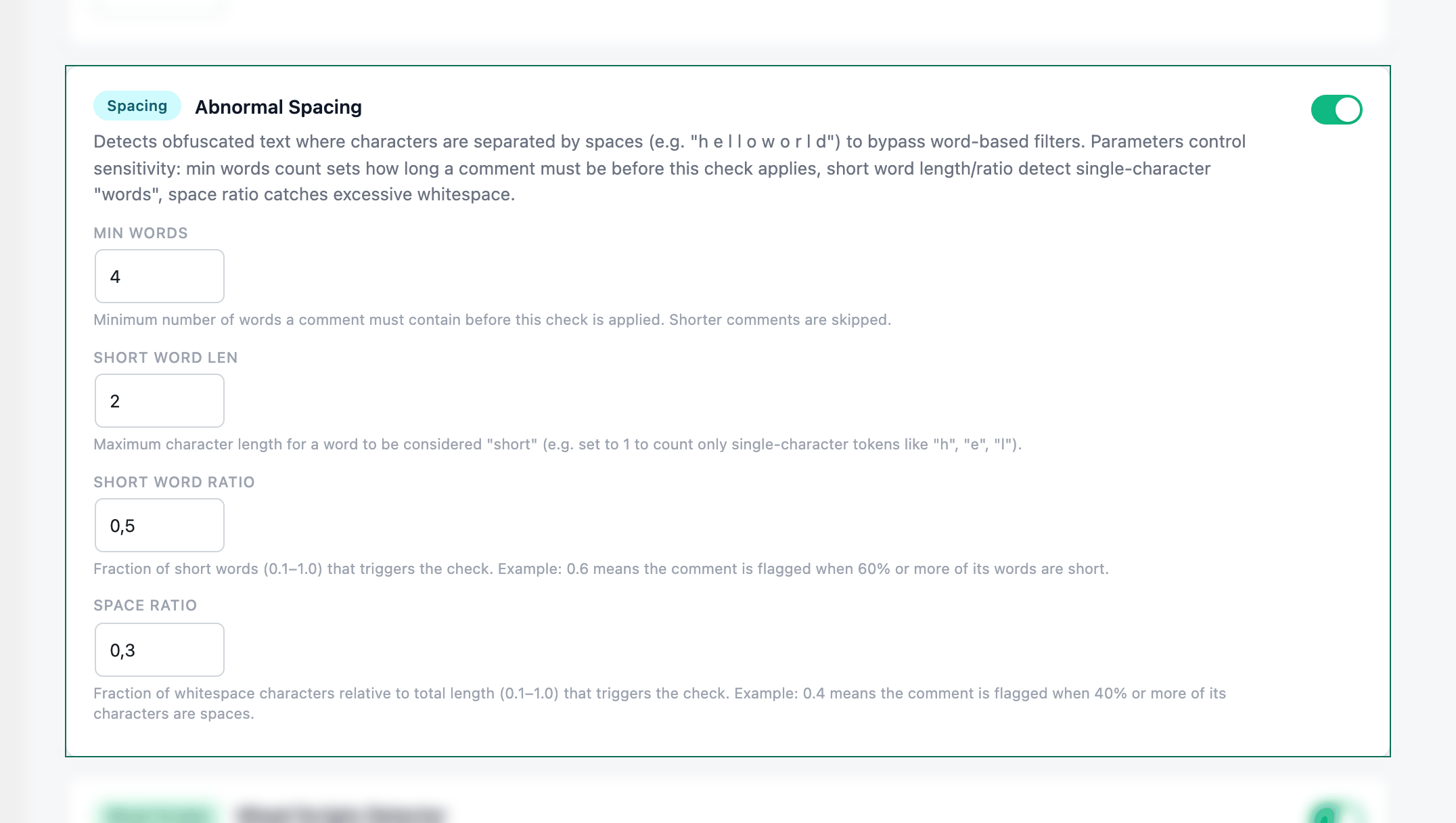 AntiSpam Wizard settings with the Spacing check highlighted