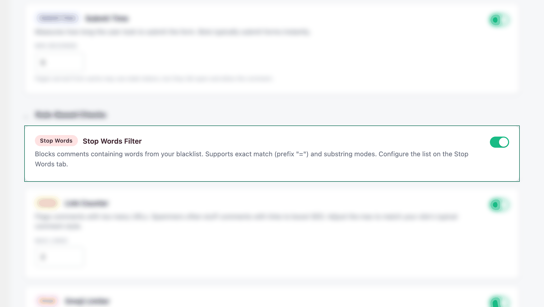 AntiSpam Wizard settings with the Stop words check highlighted