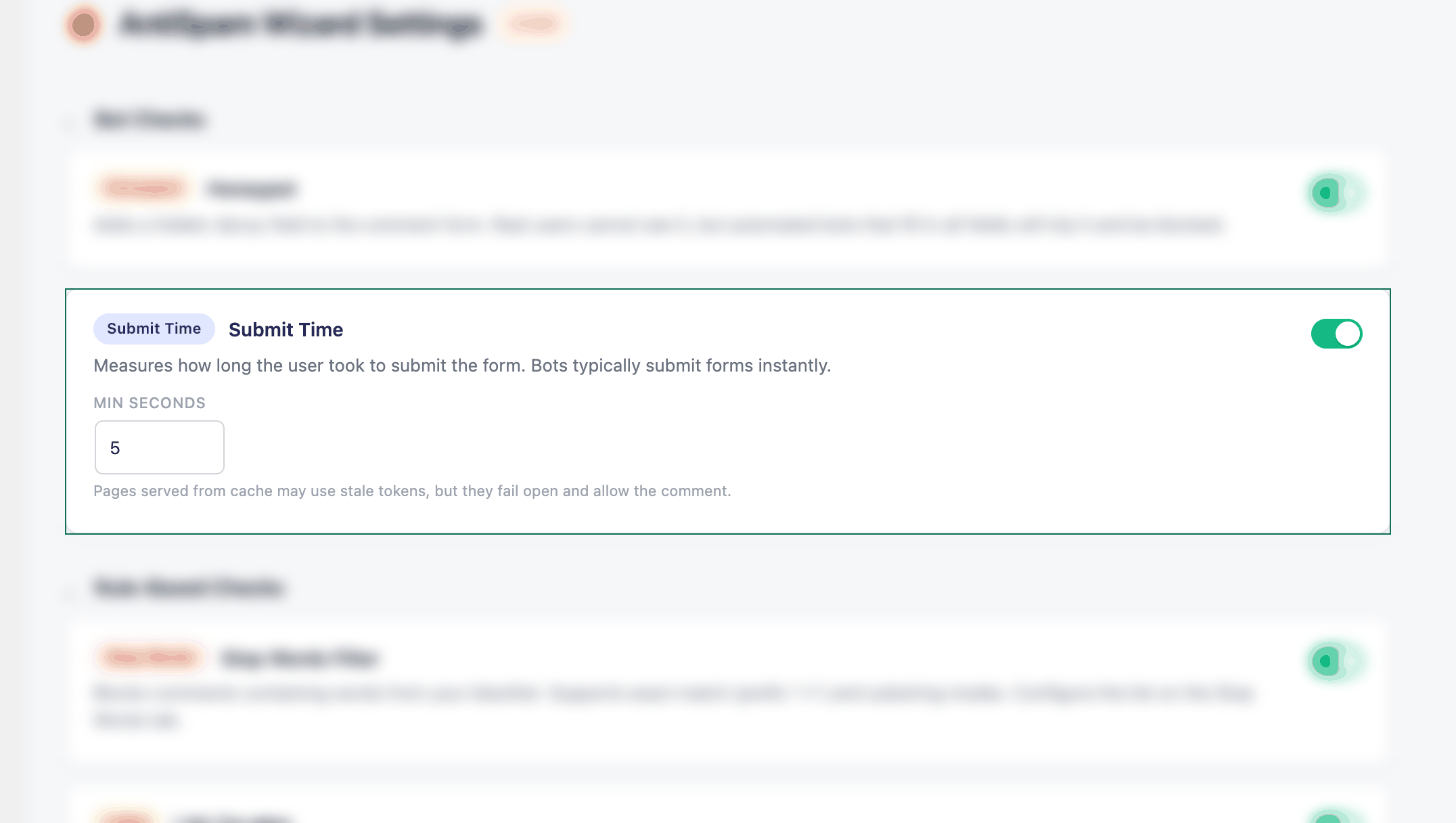 AntiSpam Wizard settings with the Submit time check highlighted